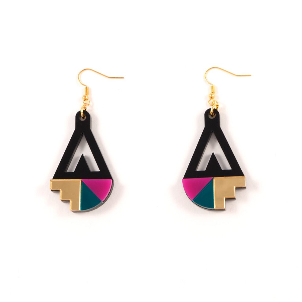 FORM016 Earrings - Gold, Teal, Pink