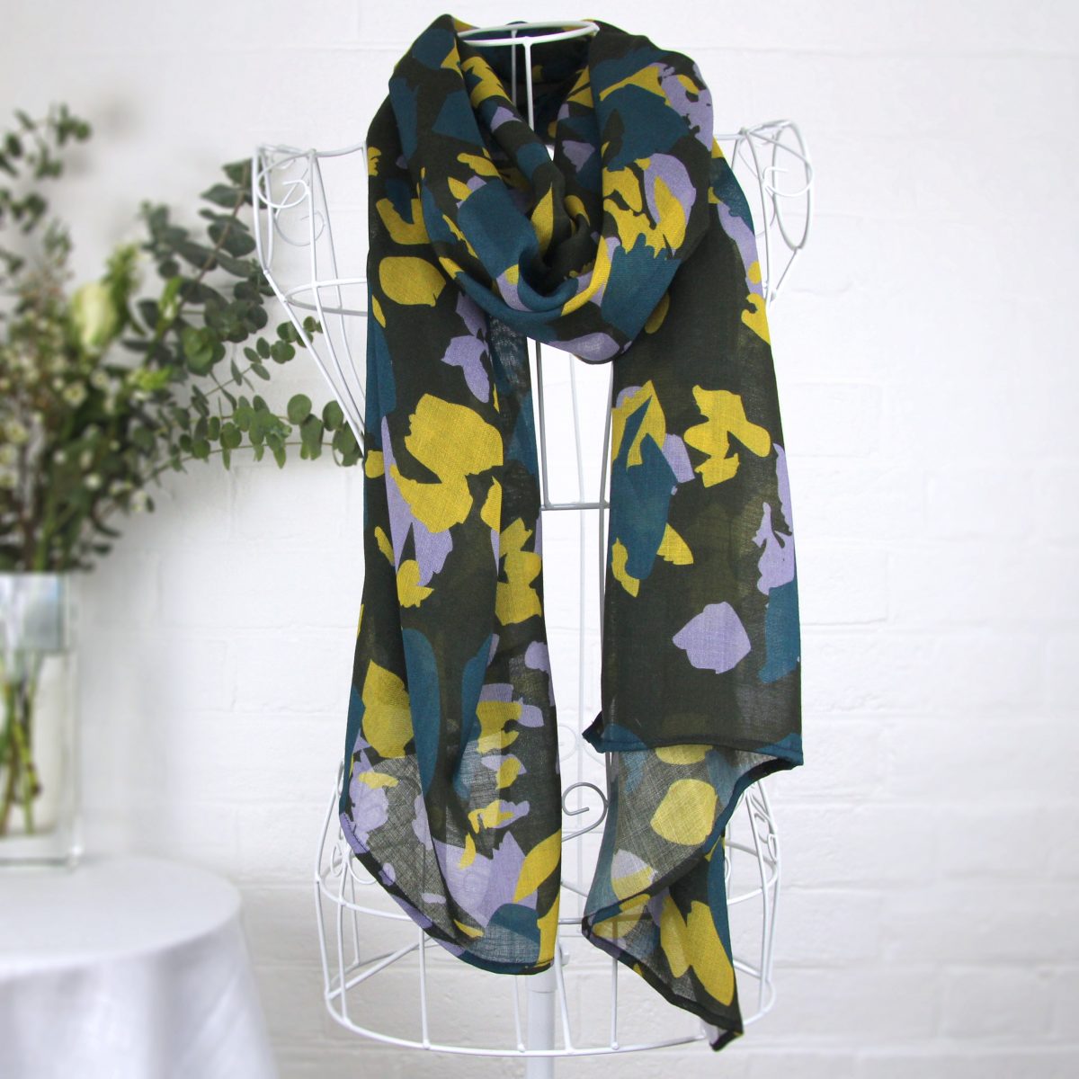 Large wool scarf – graphic leaf pattern in lilac, lime and teal – ‘Spring Leaves’