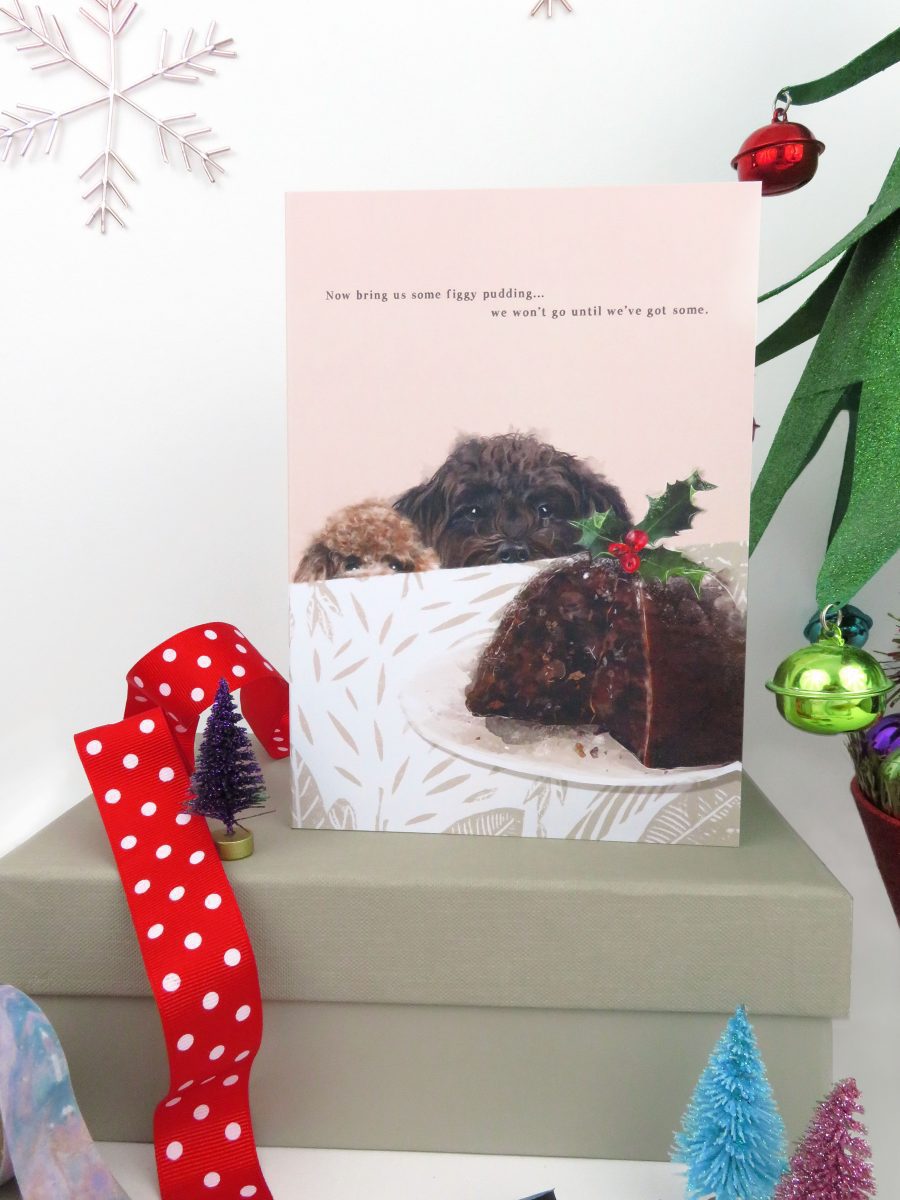 Figgy Pudding & Poodles Illustrated Christmas Card With Sparkle