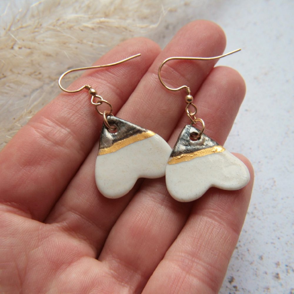 White hearts, 14k gold earrings