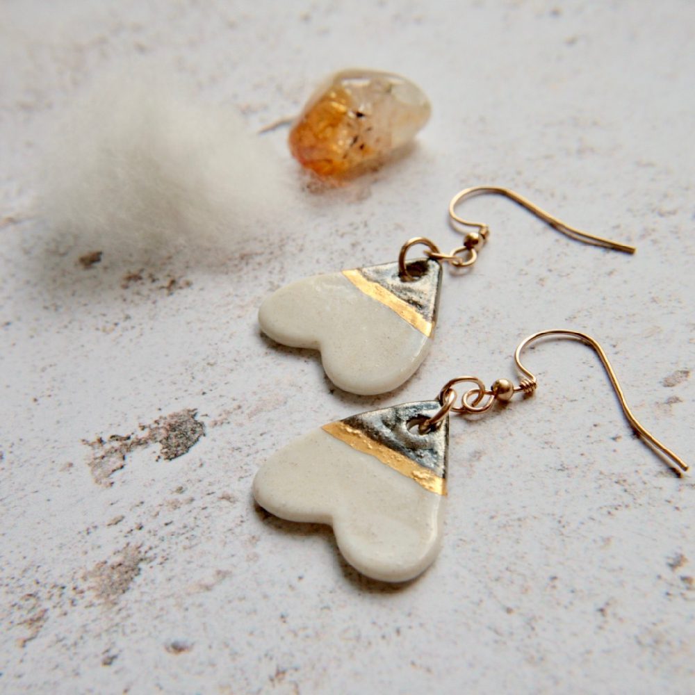 White hearts, 14k gold earrings