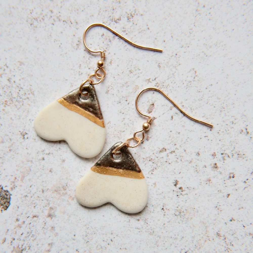 White hearts, 14k gold earrings