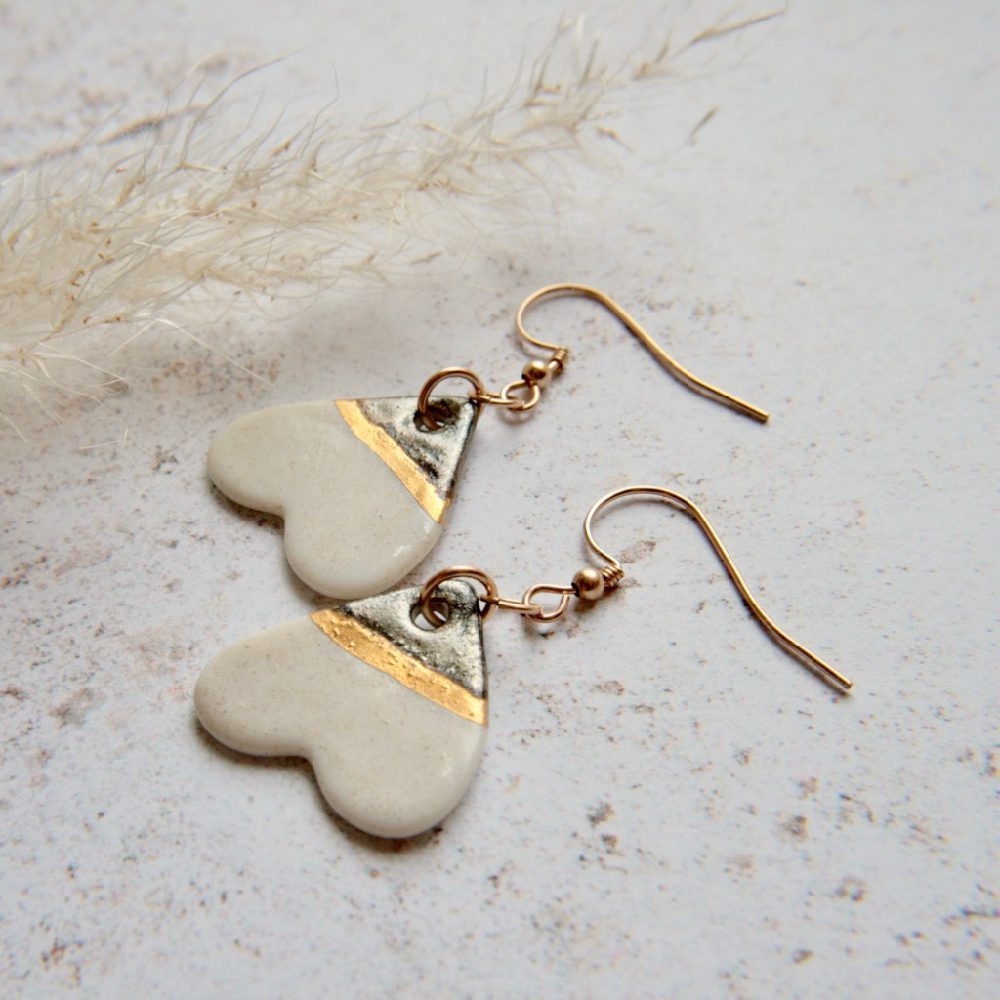 White hearts, 14k gold earrings