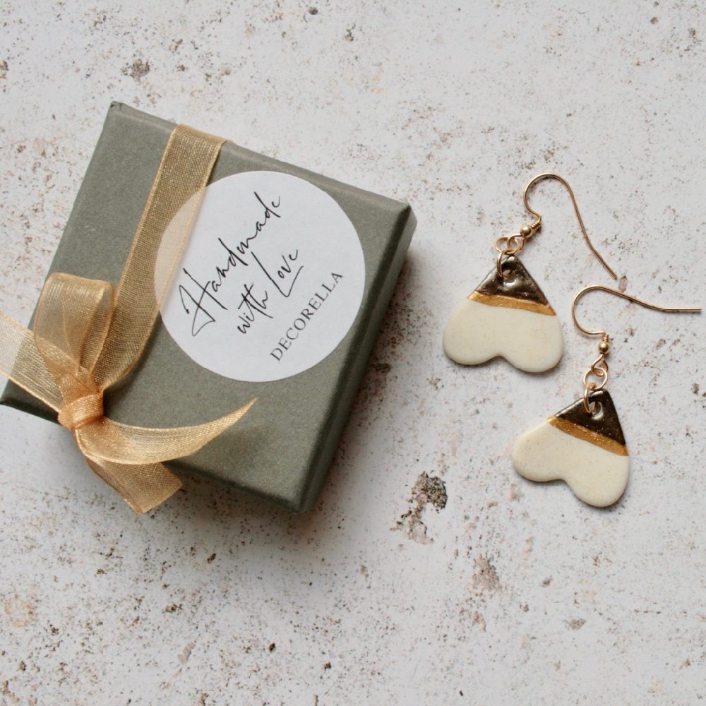 White hearts, 14k gold earrings