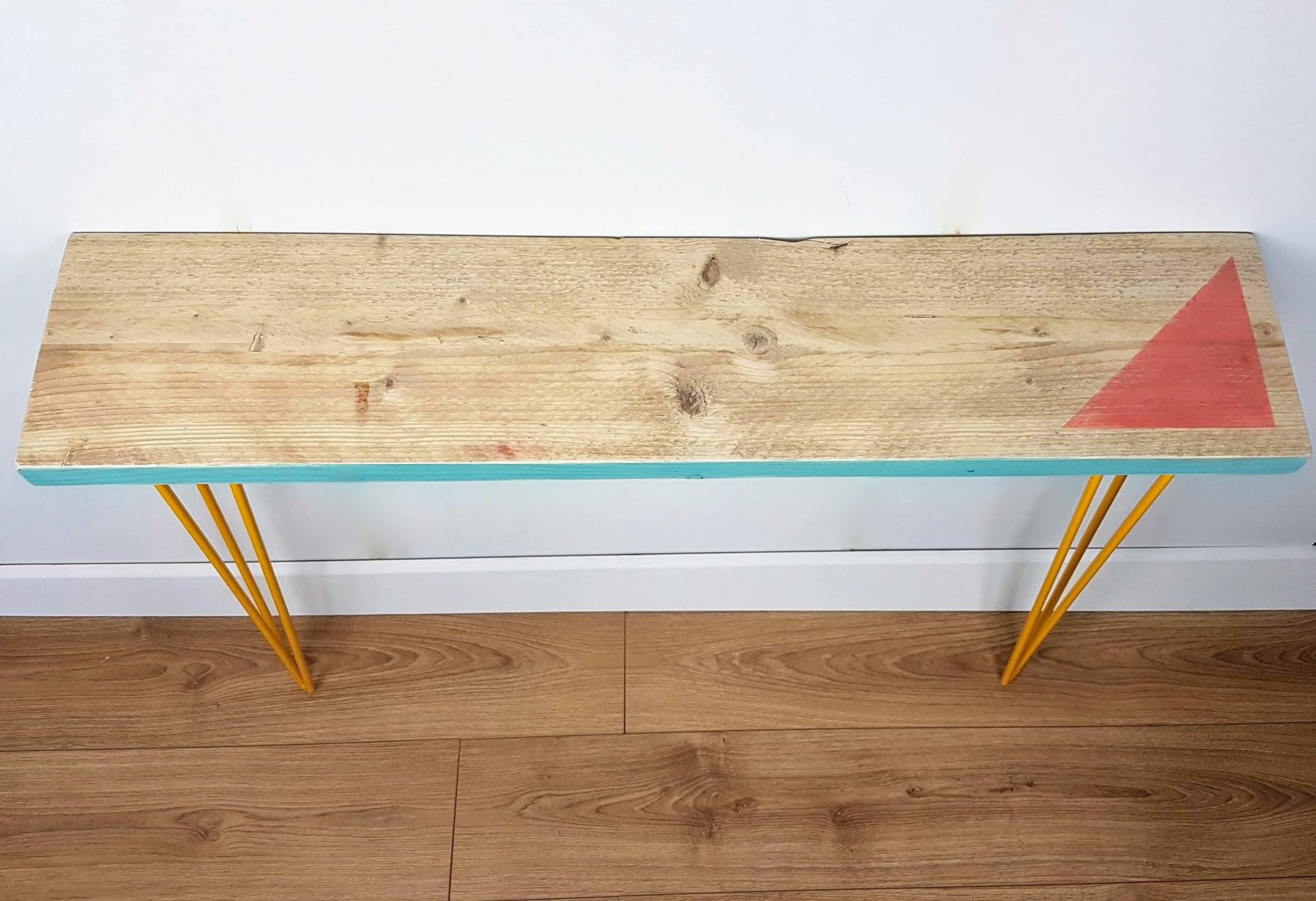 Reclaimed scaffold console table, triangle design