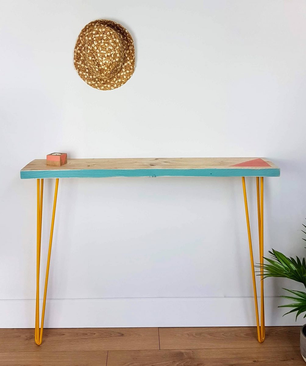 Reclaimed scaffold console table, triangle design
