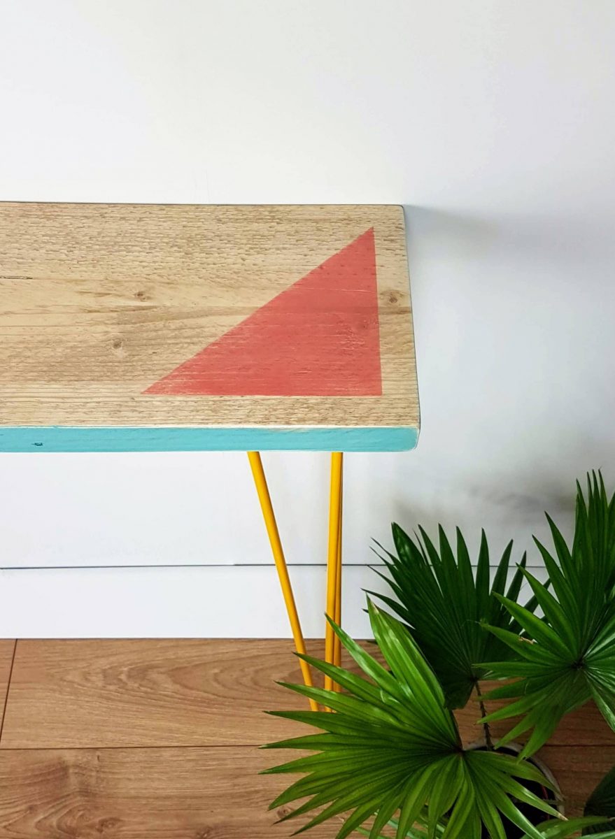 Reclaimed scaffold console table, triangle design