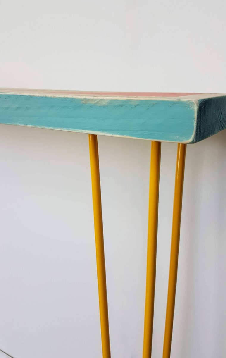Reclaimed scaffold console table, triangle design