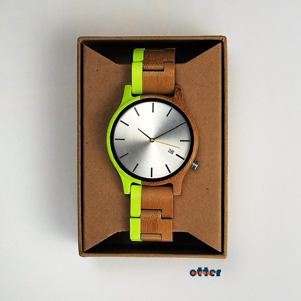 Neon yellow painted bamboo wood watch