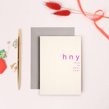 'Happy New Year Neon Pink’ A6 Greeting Card with Grey Envelope