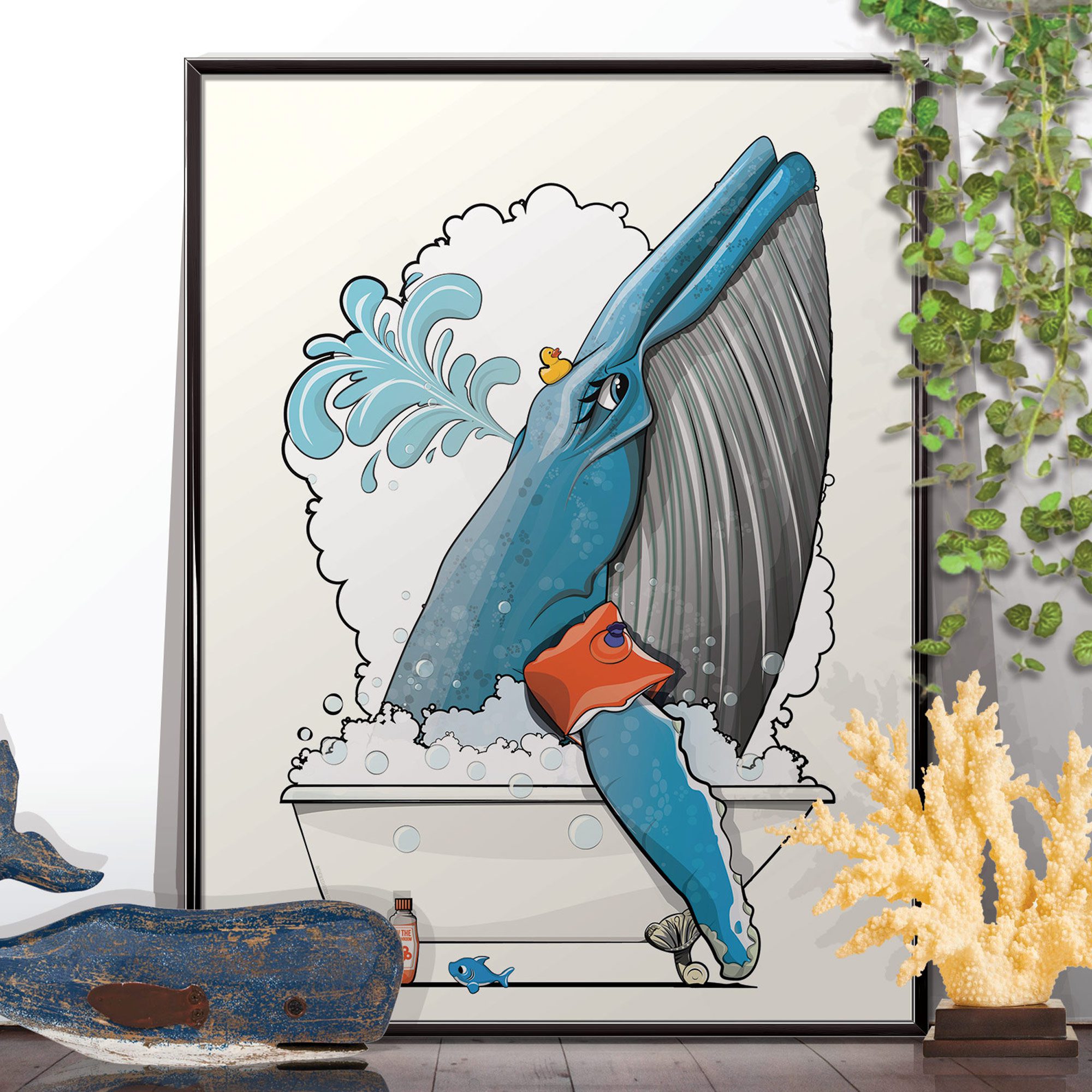 Blue Whale in the Bath, Funny Bathroom Humour Art Print