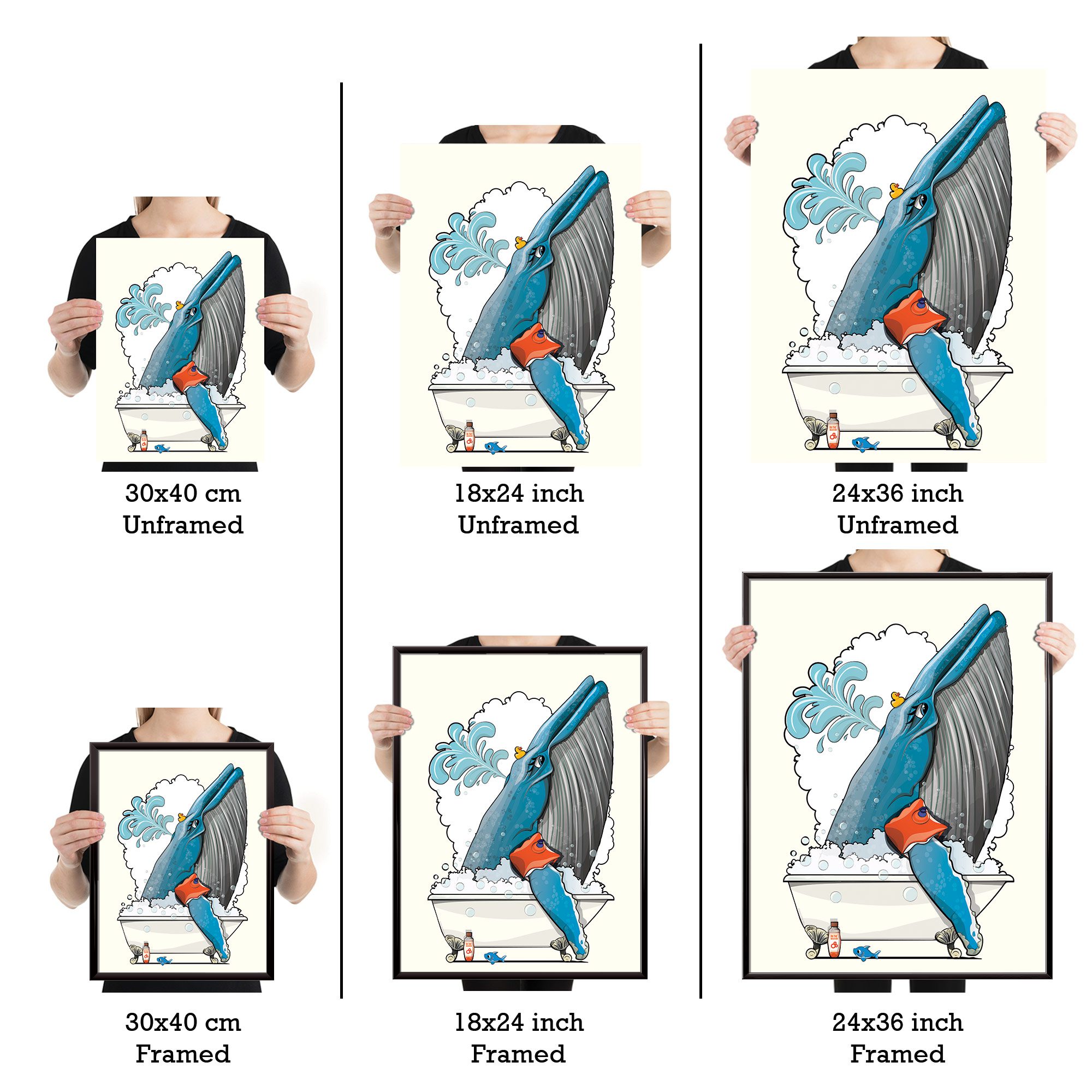 Blue Whale in the Bath, Funny Bathroom Humour Art Print