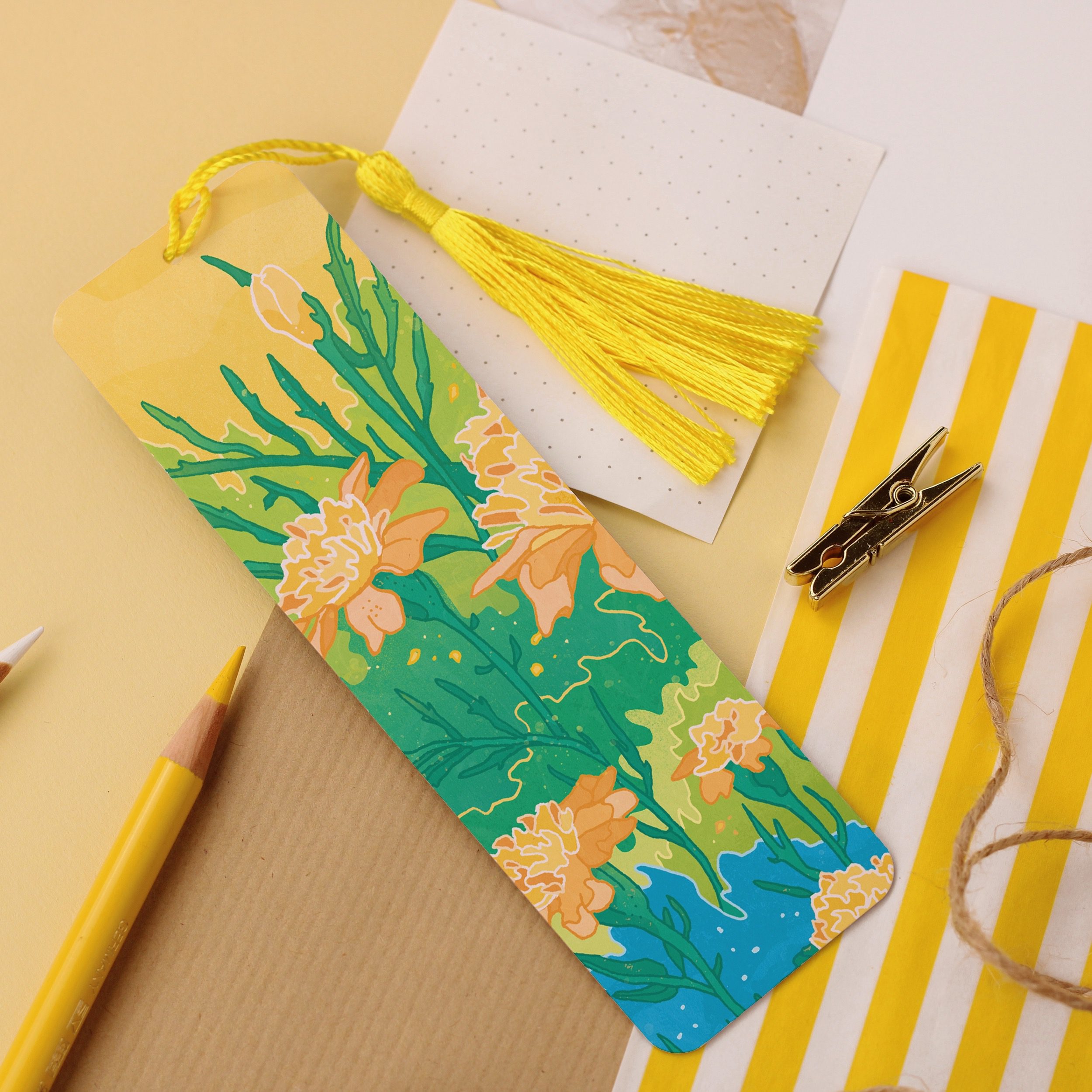 Yellow Flowers Aluminium Bookmark, Garden Botanical Illustration, Metal Bookmark with Tassel
