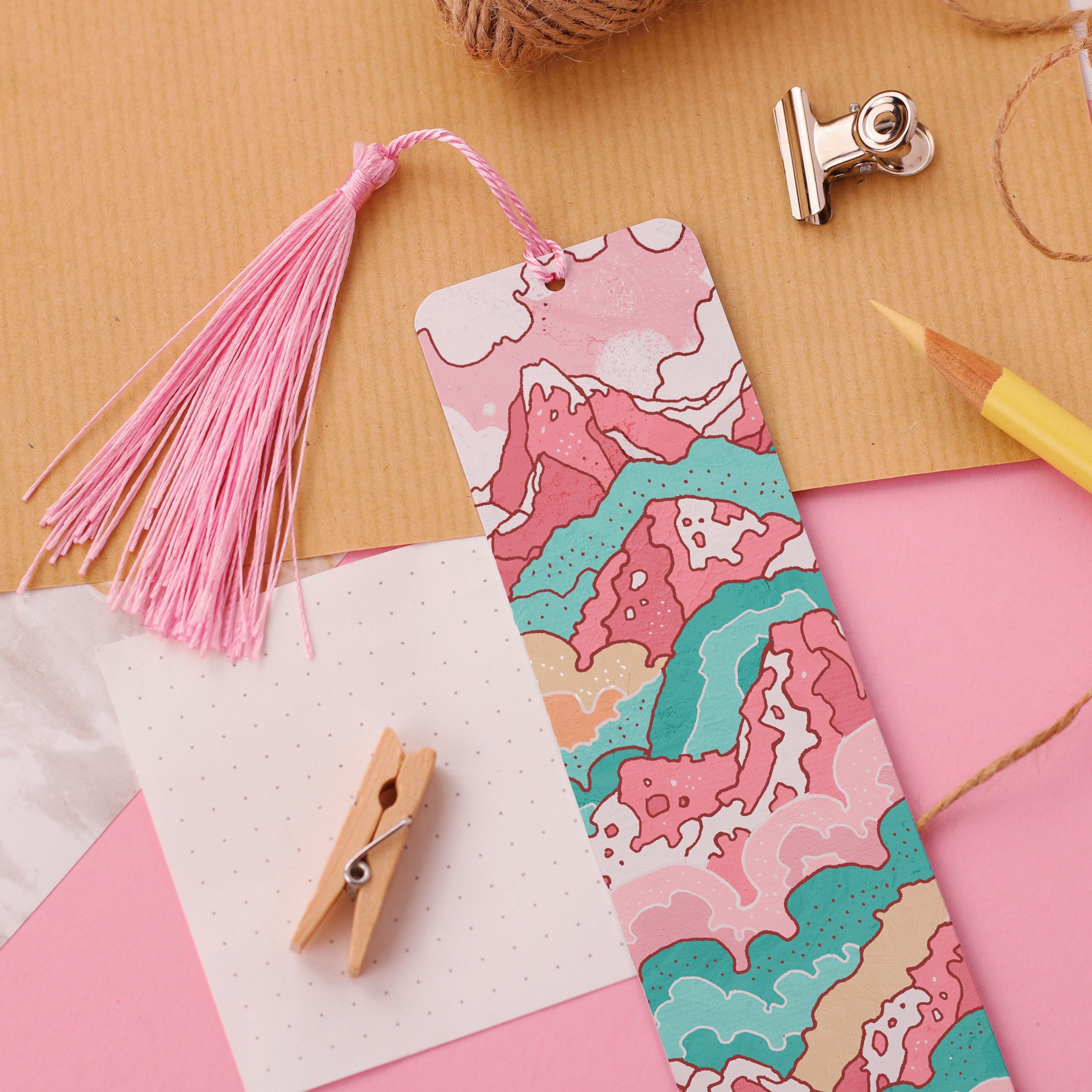 Raspberry Hills Aluminium Bookmark, Cute Mountain Art, Pink Cute Illustration Bookmark