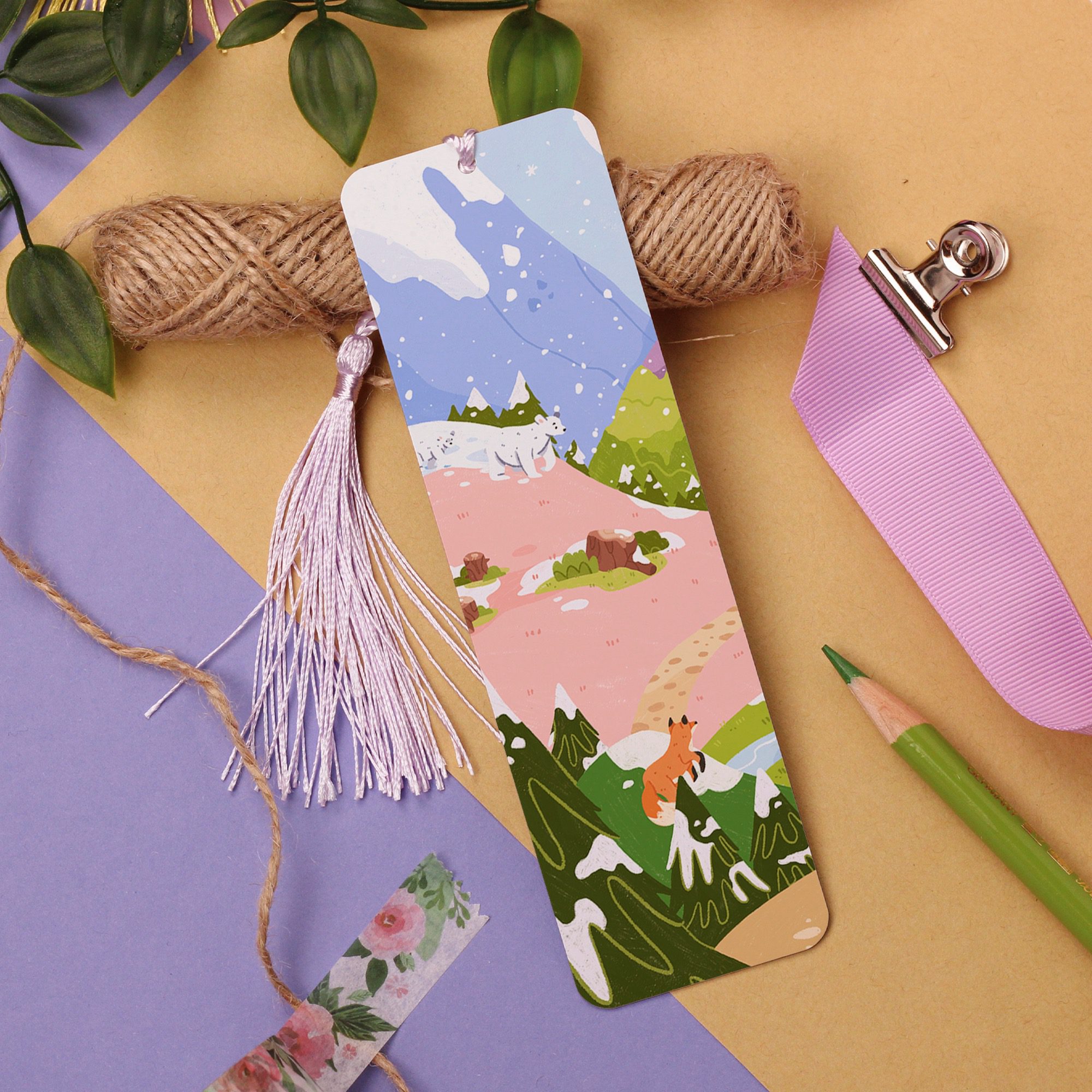 Winter Landscape Aluminium Bookmark, Polar Bear, Fox, Illustration Book Art