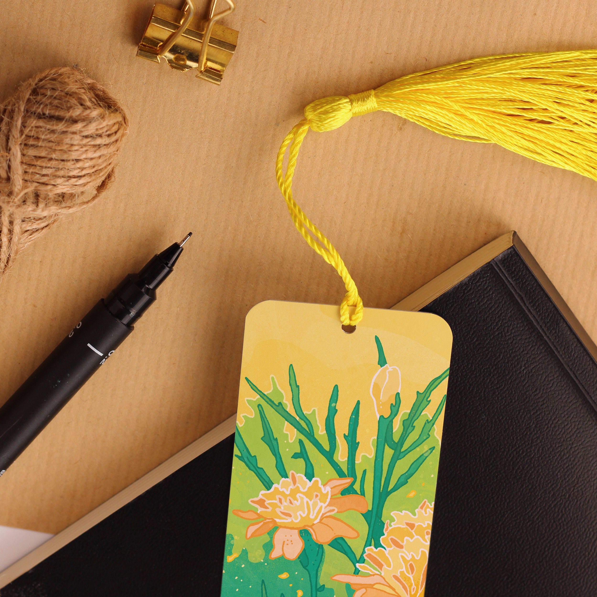 Yellow Flowers Aluminium Bookmark, Garden Botanical Illustration, Metal Bookmark with Tassel