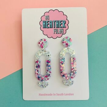 White Silver and Blue Geometric Glitter Earrings