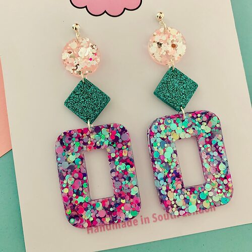 Lilac, Turquoise and Pink Glitter Resin Earrings