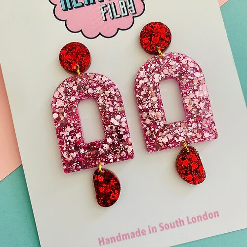 Pink and Red Geometric Glitter Earrings