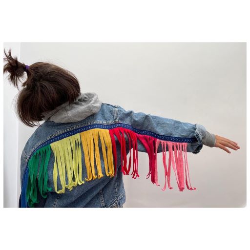 Vintage kids denim jacket with rainbow tassels