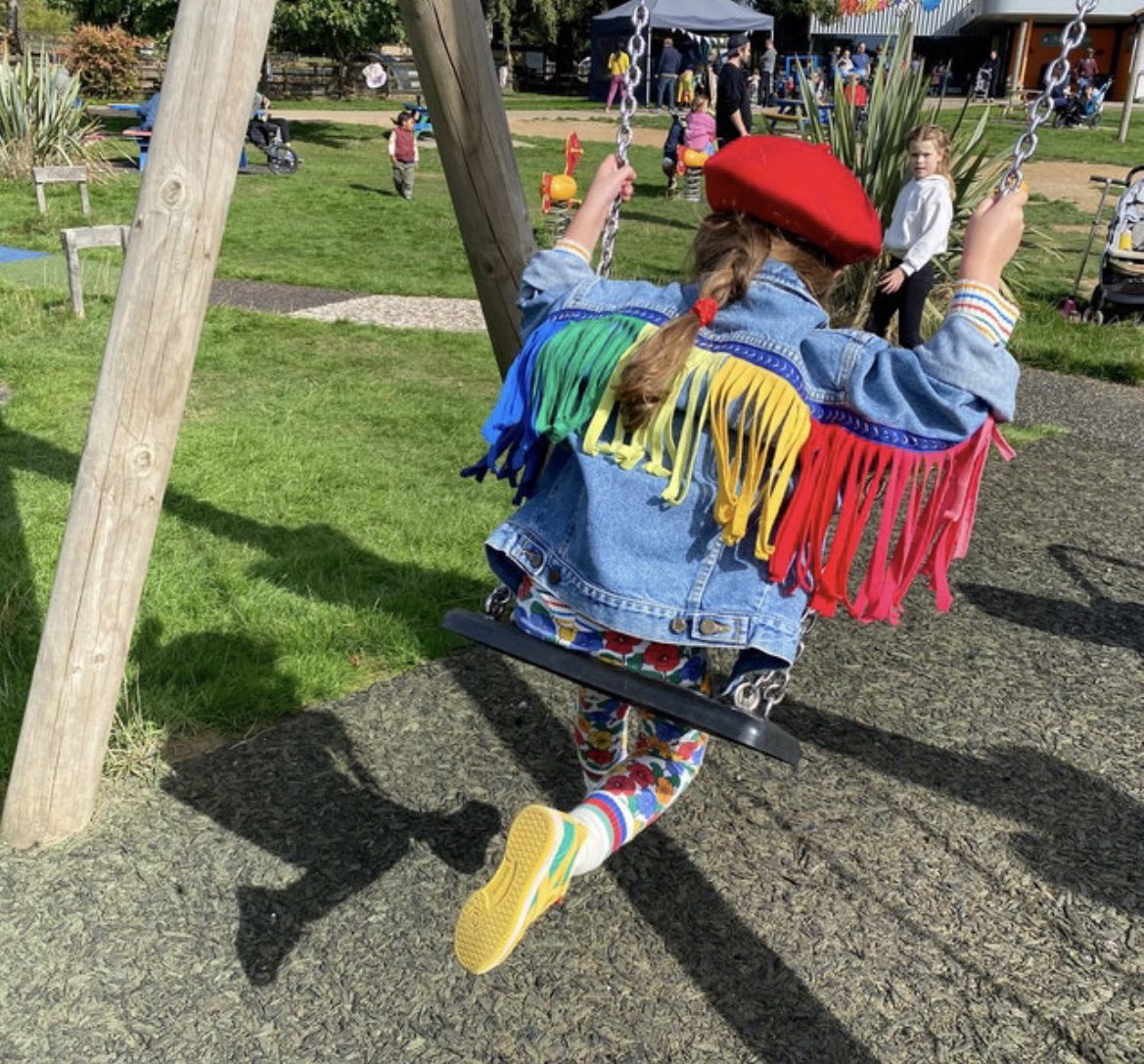 Vintage kids denim jacket with rainbow tassels