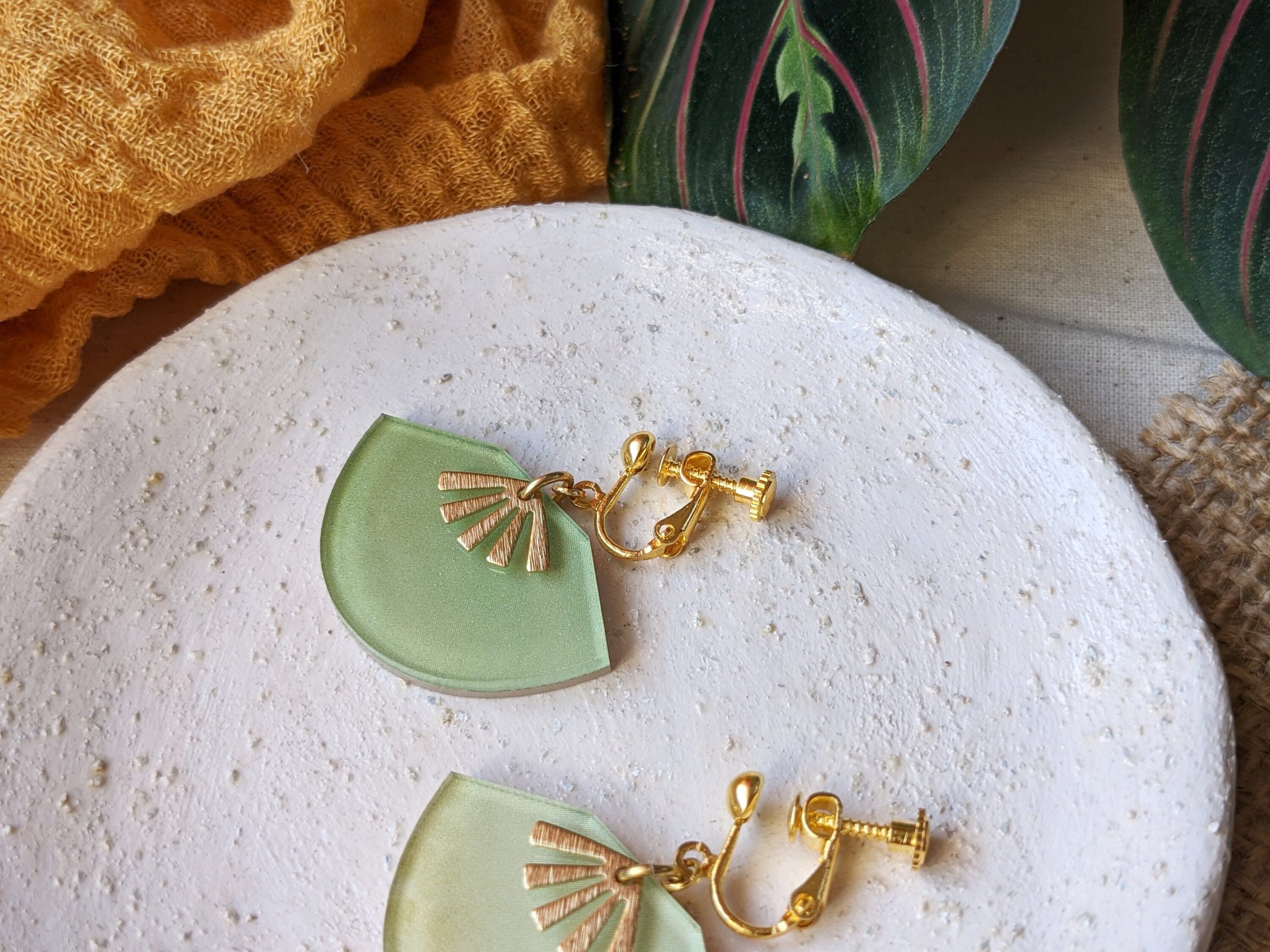 Jade Art Deco Sunset Brass Gold Plated Acrylic Earrings