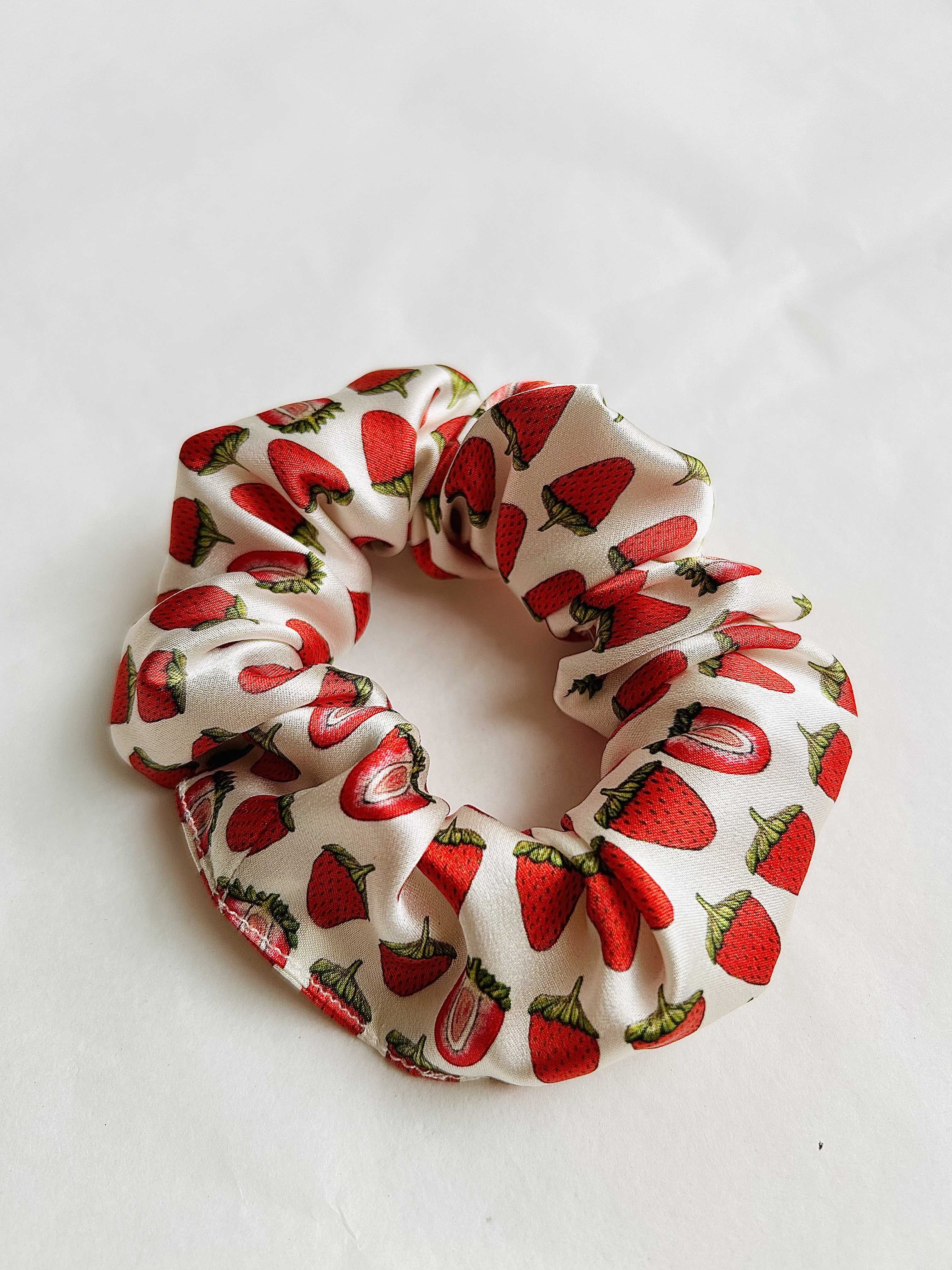 Real silk white strawberry hand-drawn, UK handmade scrunchie