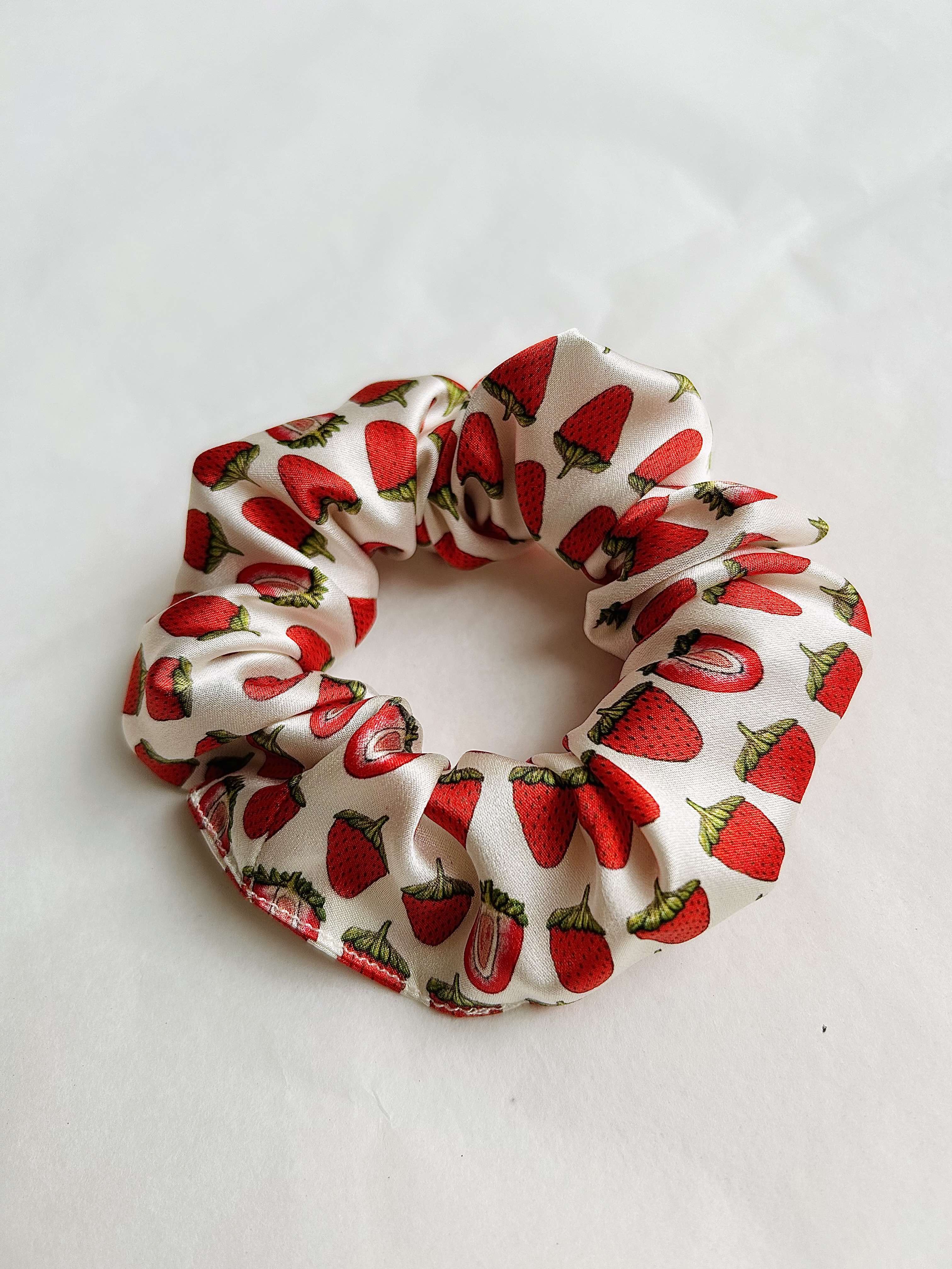Real silk white strawberry hand-drawn, UK handmade scrunchie
