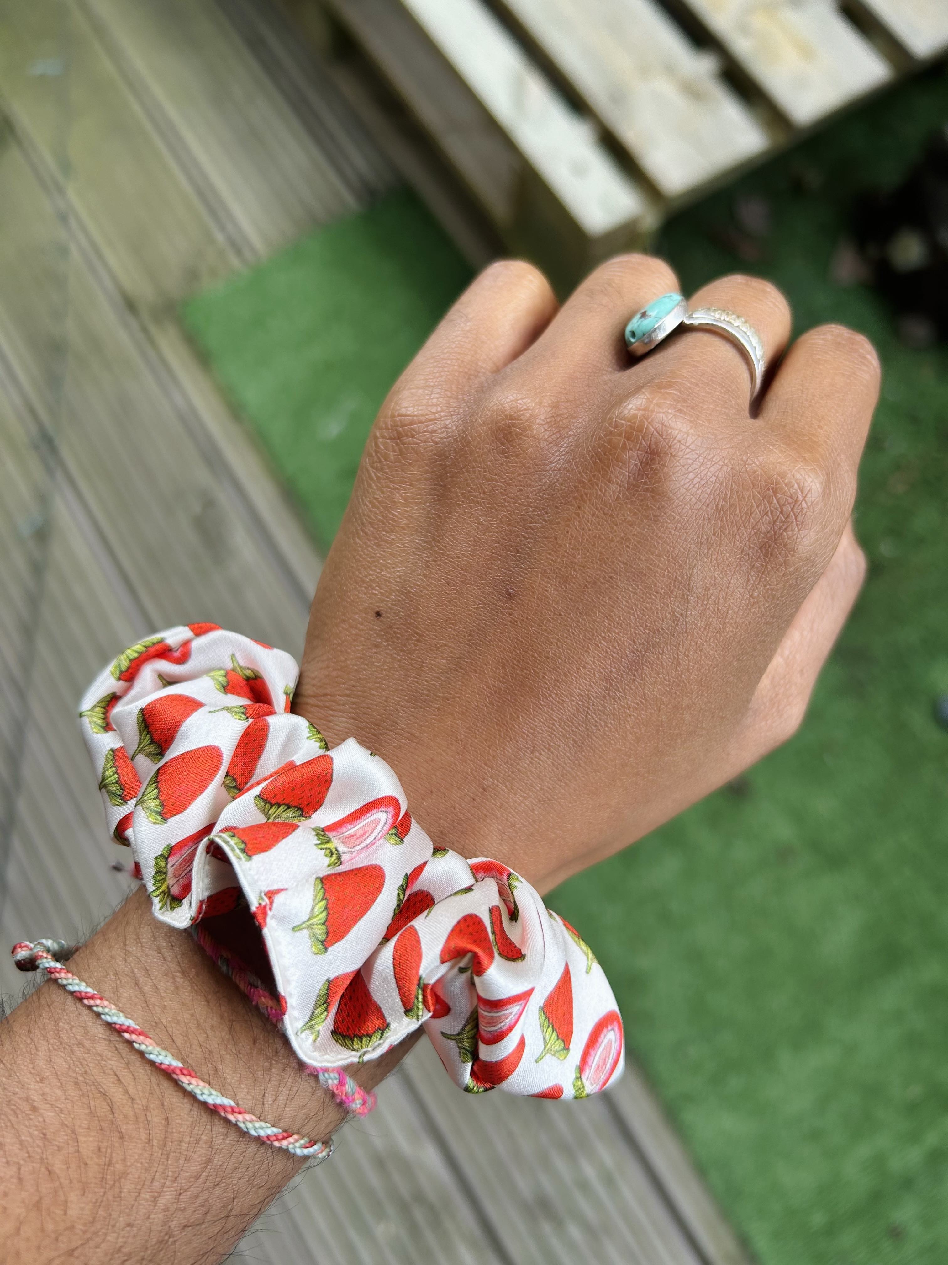 Real silk white strawberry hand-drawn, UK handmade scrunchie
