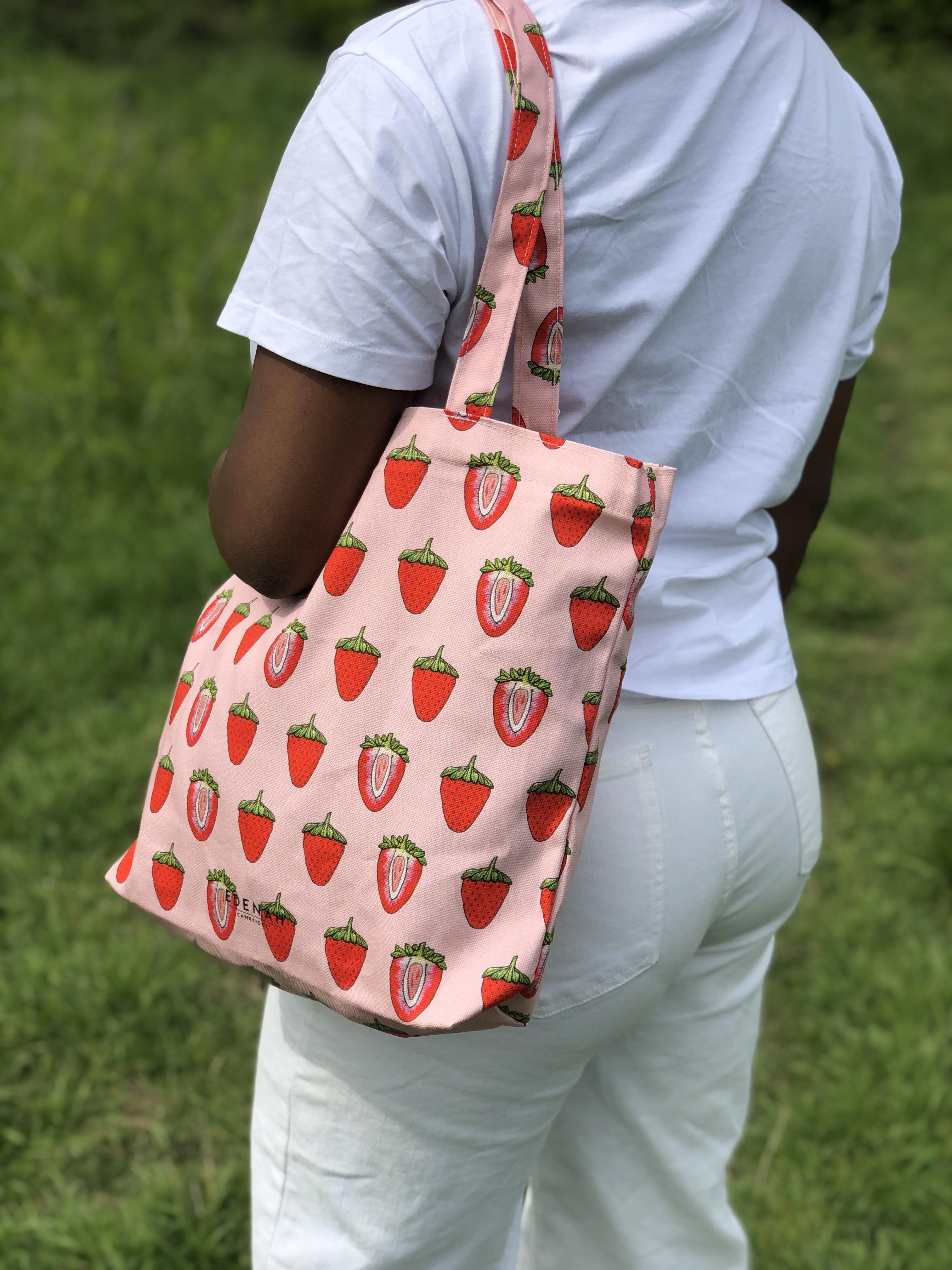 Pink Strawberry Printed Tote Bag
