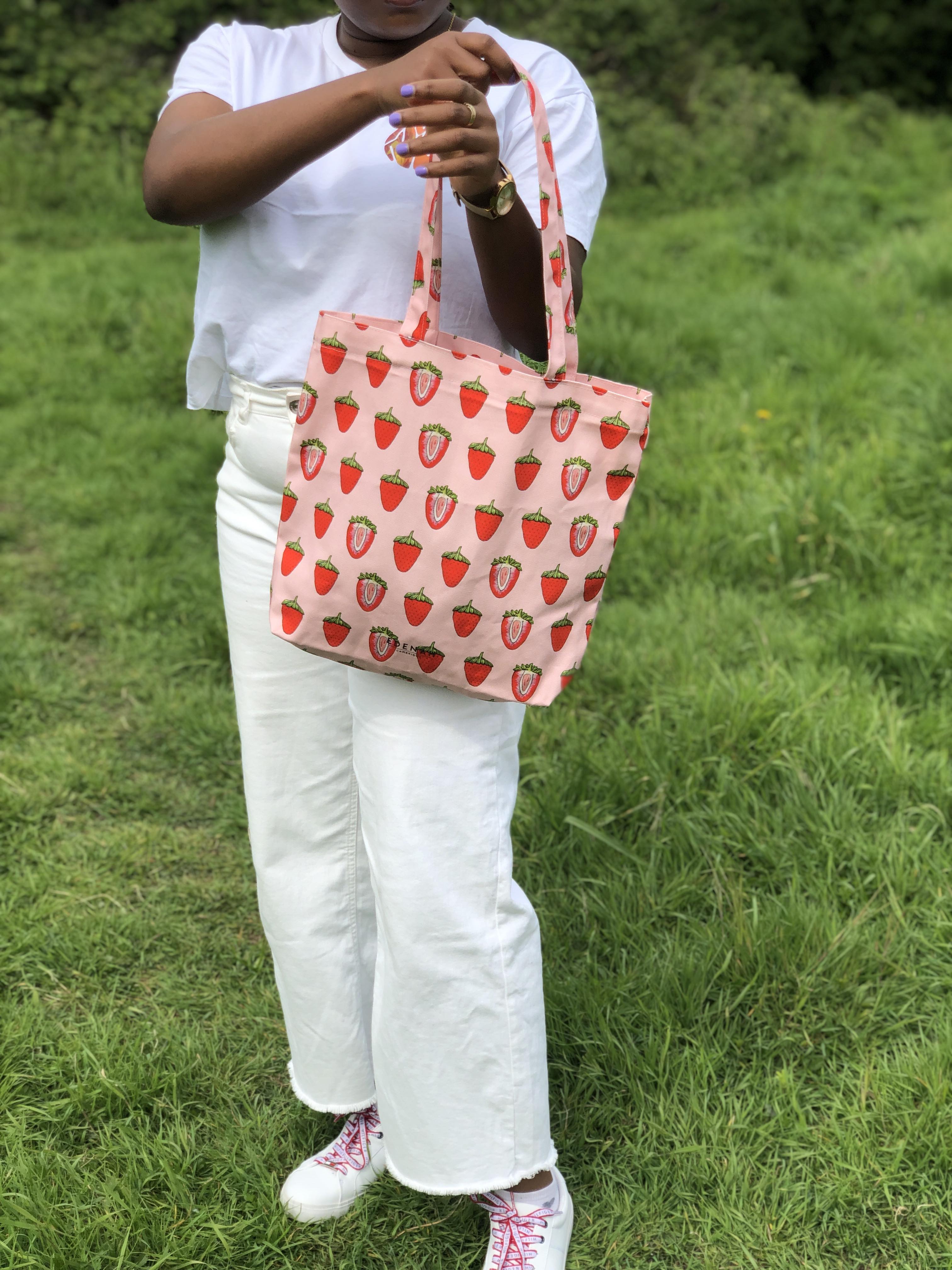 Pink Strawberry Printed Tote Bag