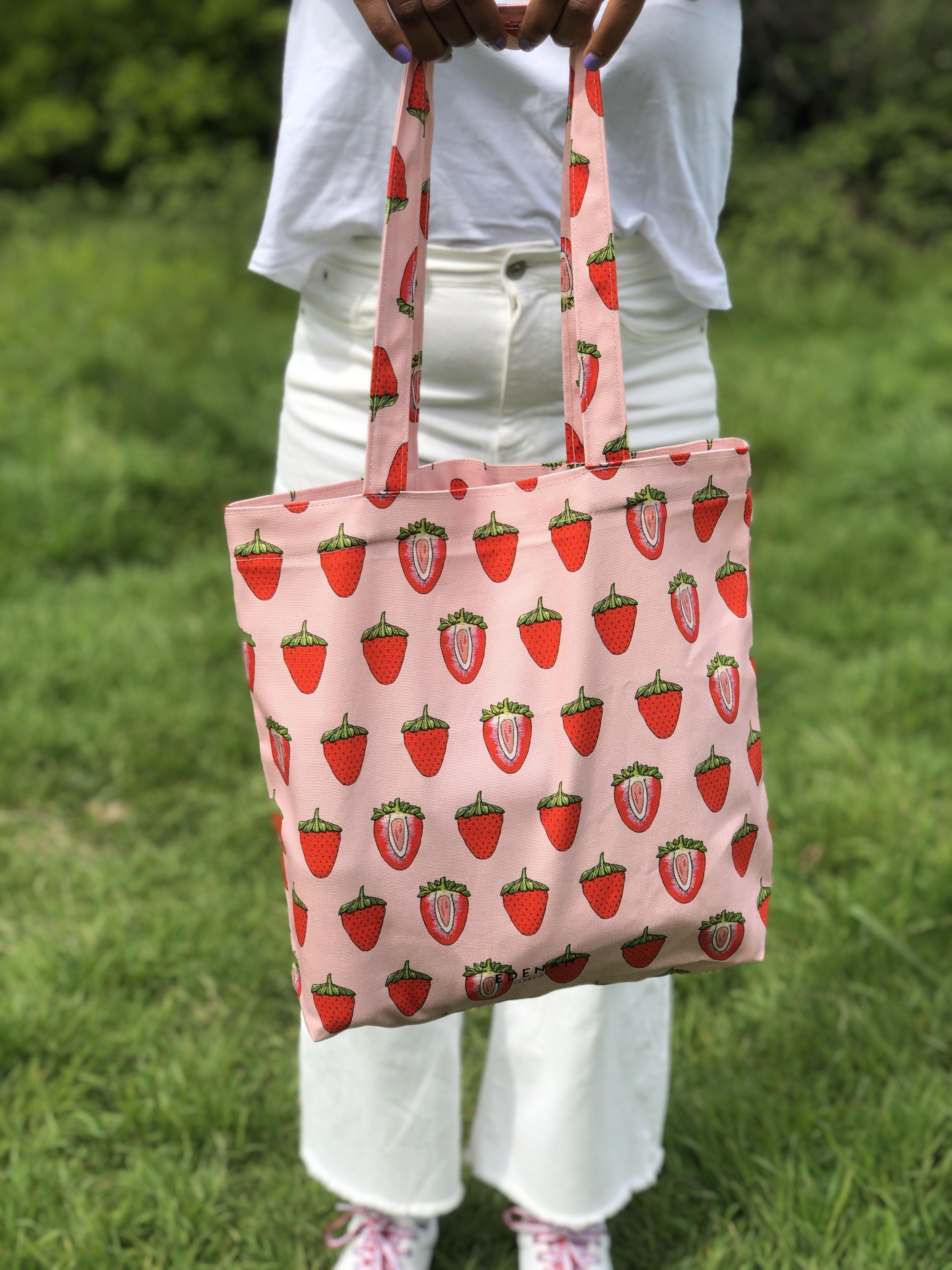 Pink Strawberry Printed Tote Bag