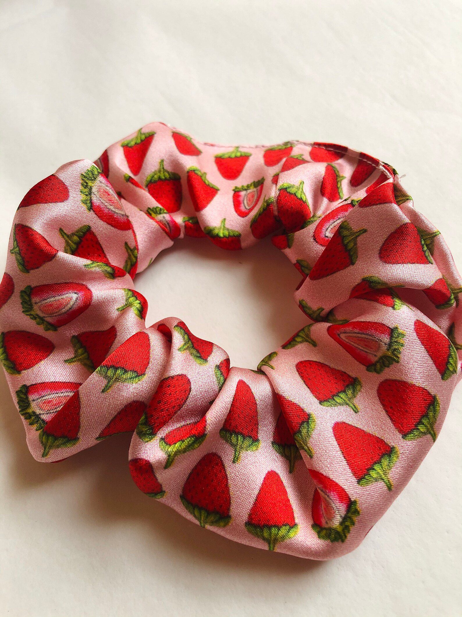 Pink silk strawberry printed scrunchie