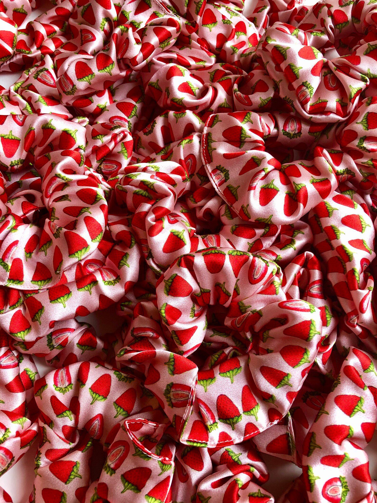 Pink silk strawberry printed scrunchie