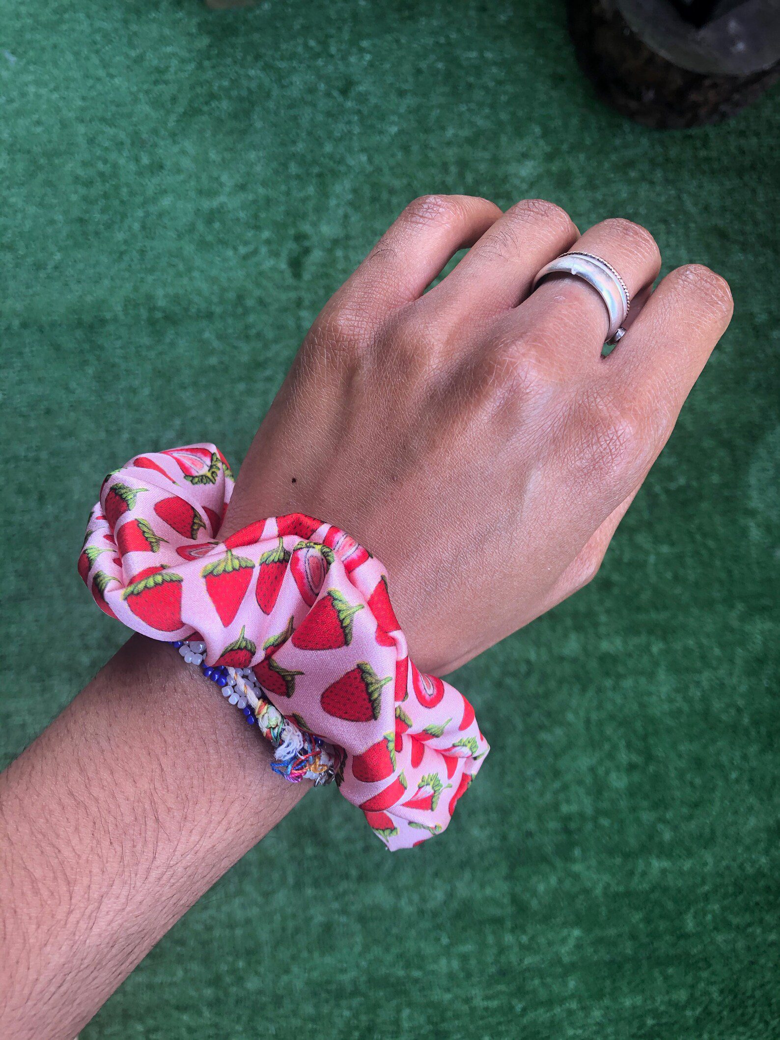 Pink silk strawberry printed scrunchie