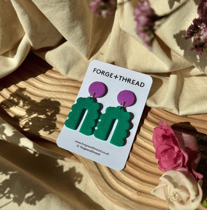 Green and Lilac Scalloped Arch Statement Earring