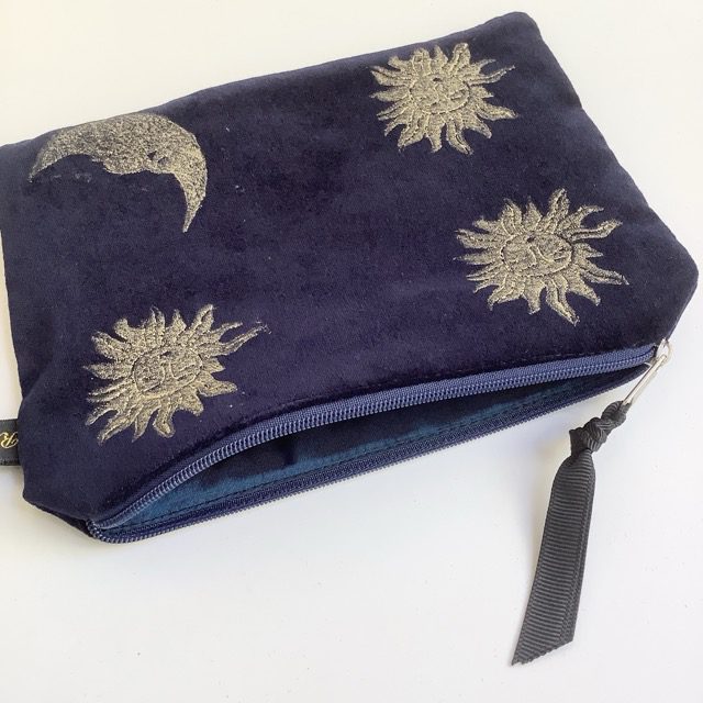 Luxury Navy Velvet Zip-Up Pouch with golden Sun and Moon hand printed design