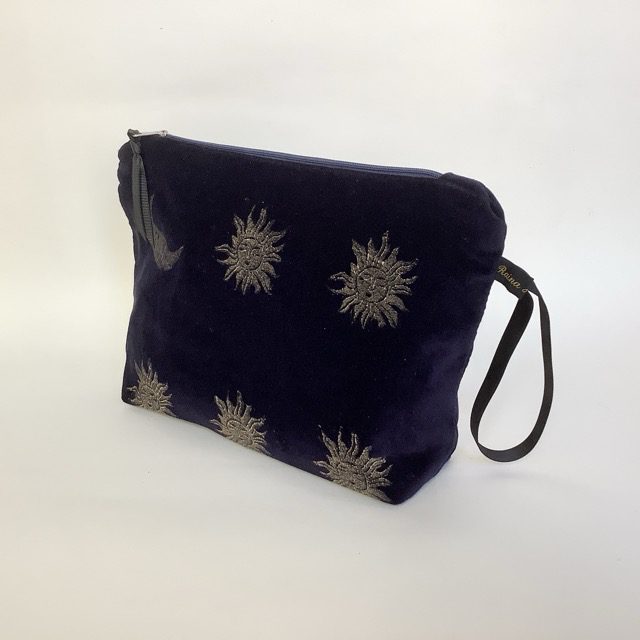 Luxury Navy Velvet Makeup Bag with golden Sun and Moon print with Black Grosgrain wrist strap