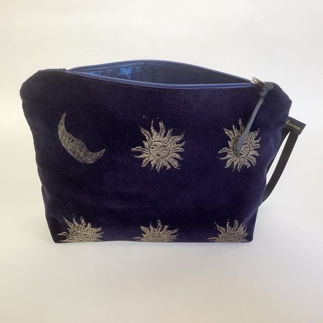 Luxury Navy Velvet Makeup Bag with golden Sun and Moon print with Black Grosgrain wrist strap