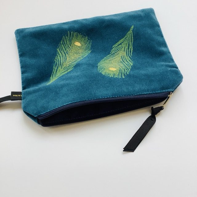 Teal Velvet Peacock Feathers Zip-Up Pouch