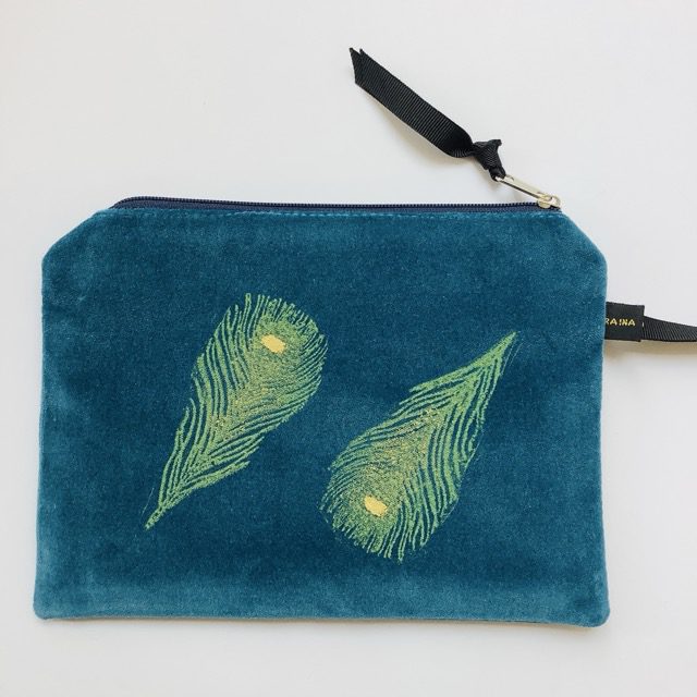 Teal Velvet Peacock Feathers Zip-Up Pouch