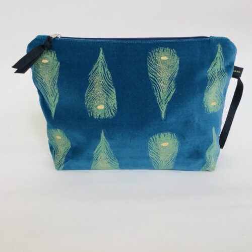 Raina Atelier Teal Velvet Peacock Feathers Makeup Raina Altelier - Luxury teal velvet makeup bag with yellow peacock feathers print with golden shimmer