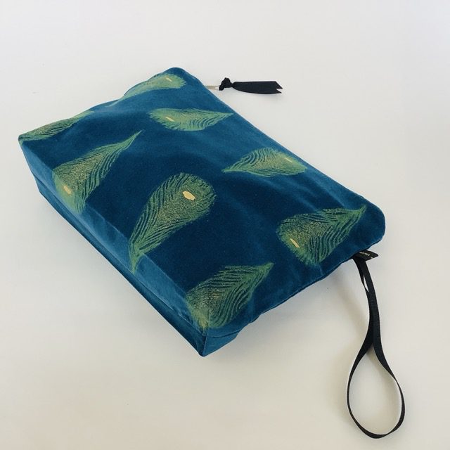 Teal Velvet Peacock Feathers Makeup Bag
