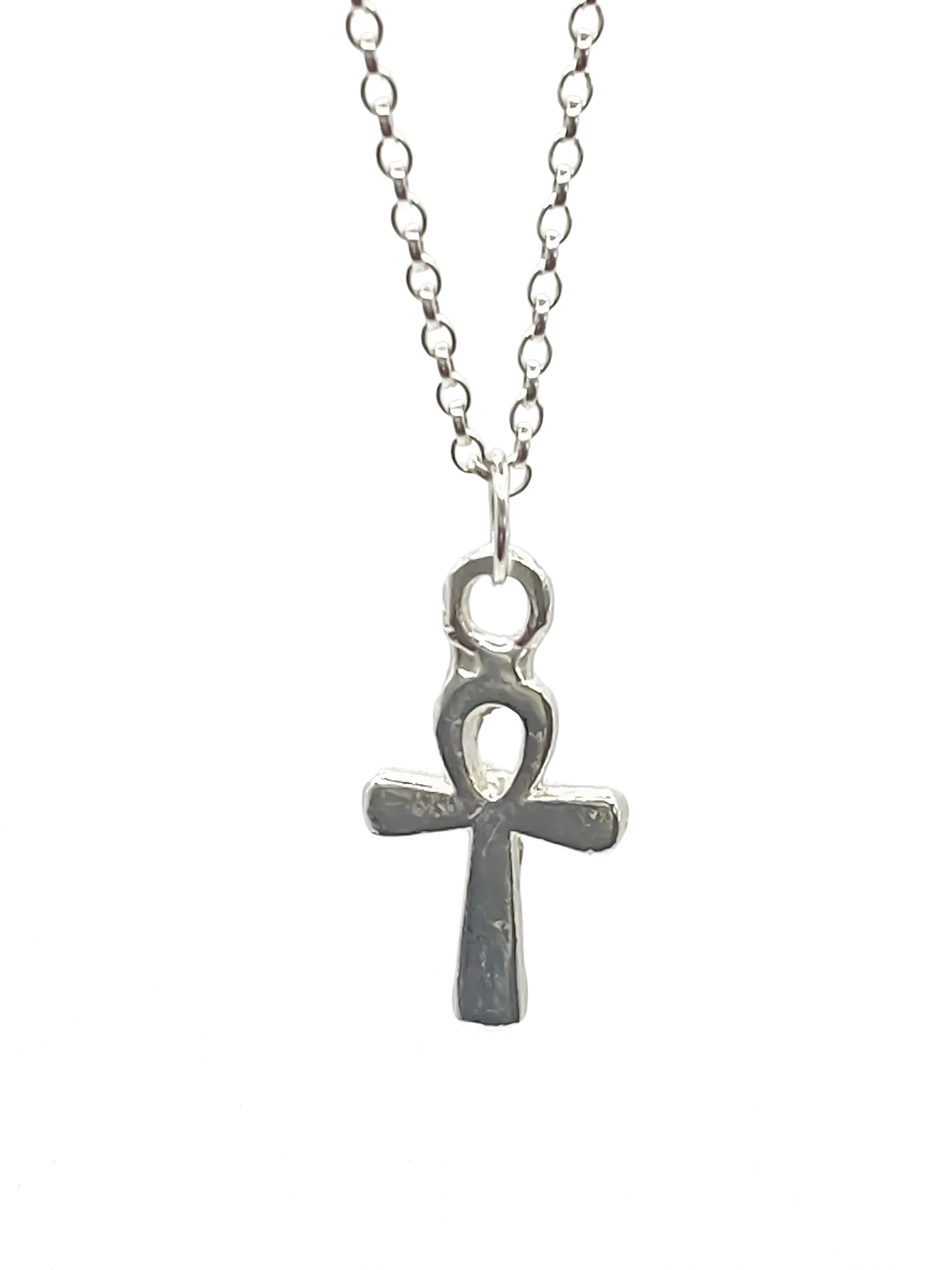 Silver Ankh Pendant on classic chain, isolated on white background
