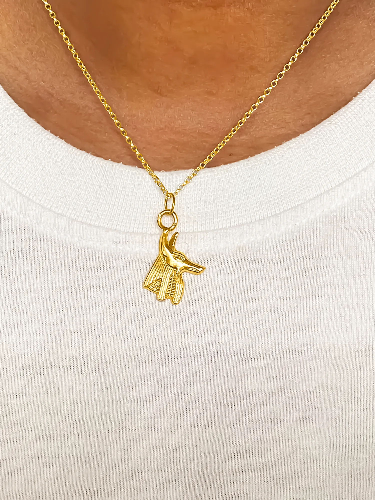 Gold Anubis pendant worn on skin with white T-shirt