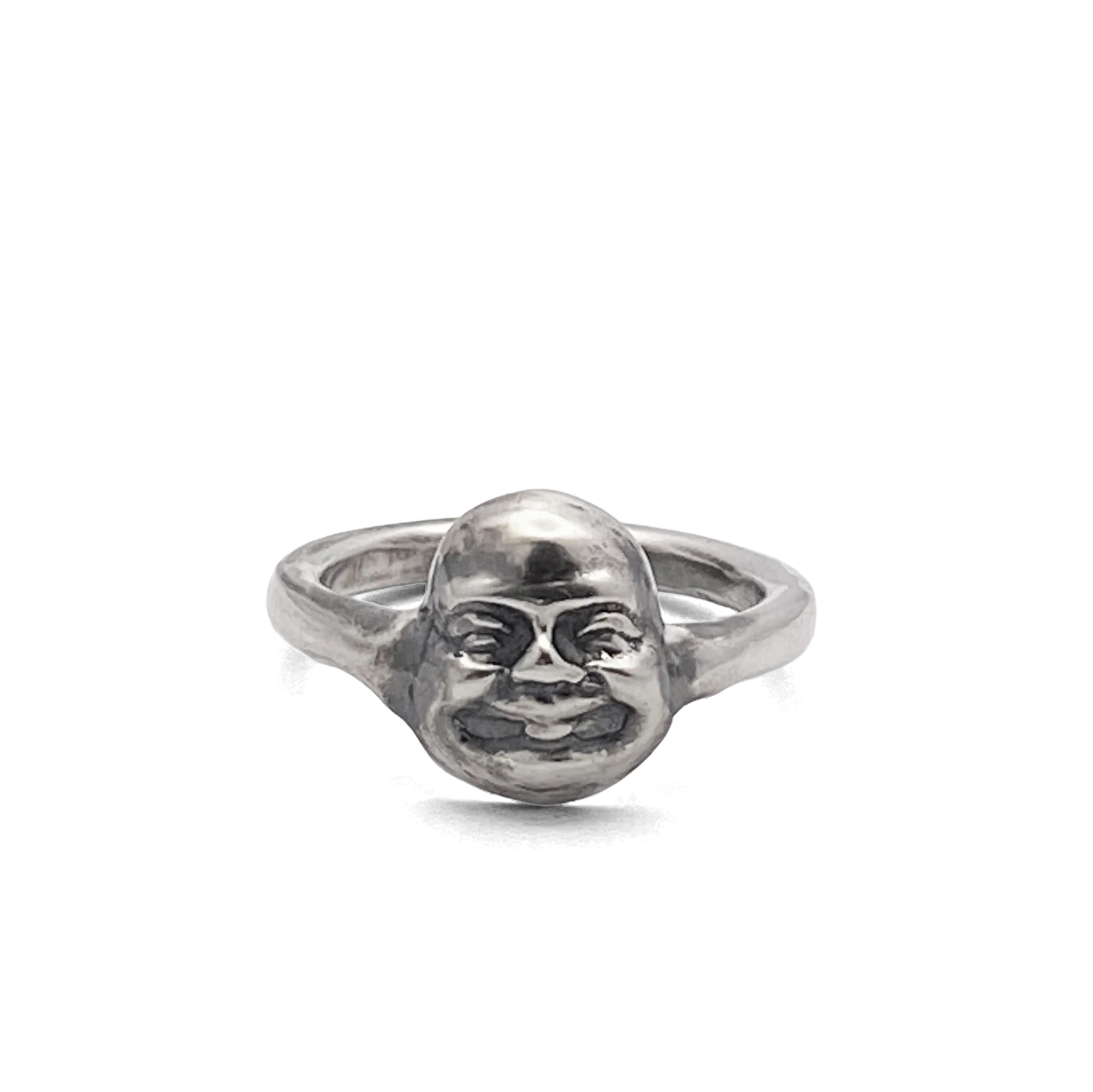 Front view of handcrafted Buddha Face Ring in oxidised silver on white background
