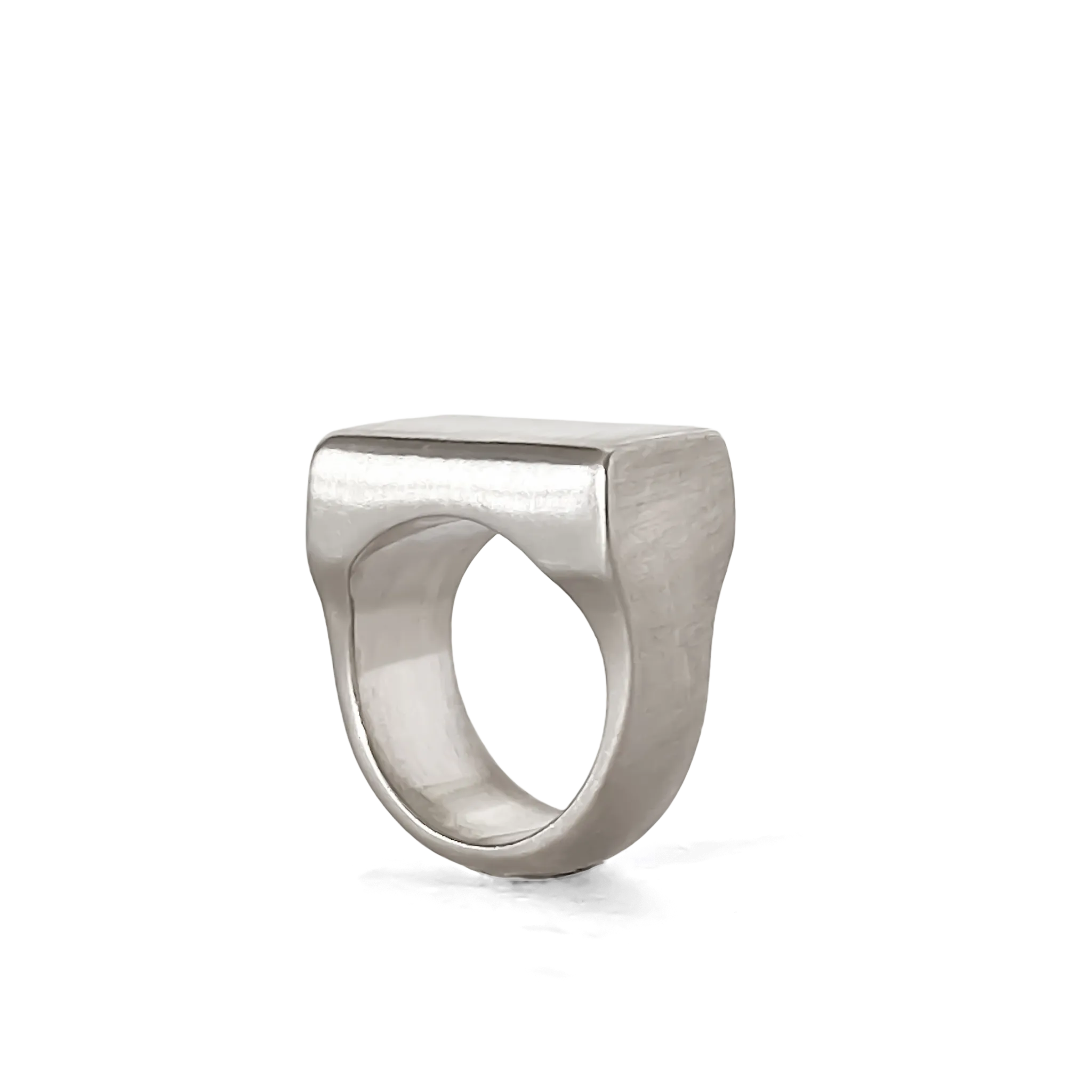 Angled view of modern square-faced silver ring