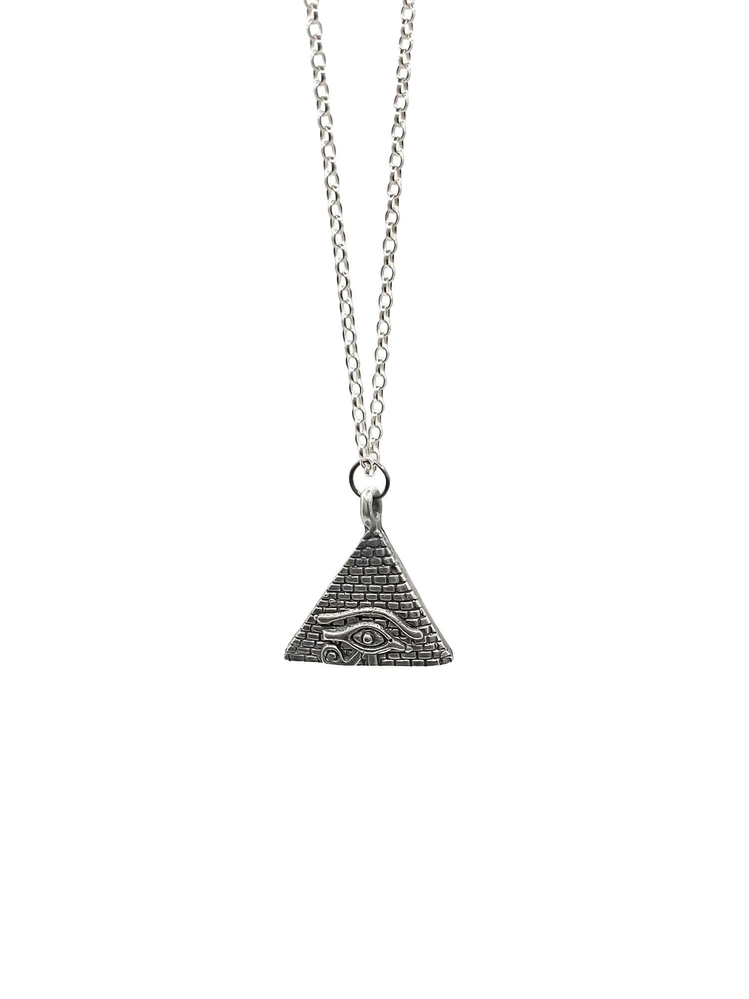 Horus Eye Pyramid Pendant on chain, isolated on white background