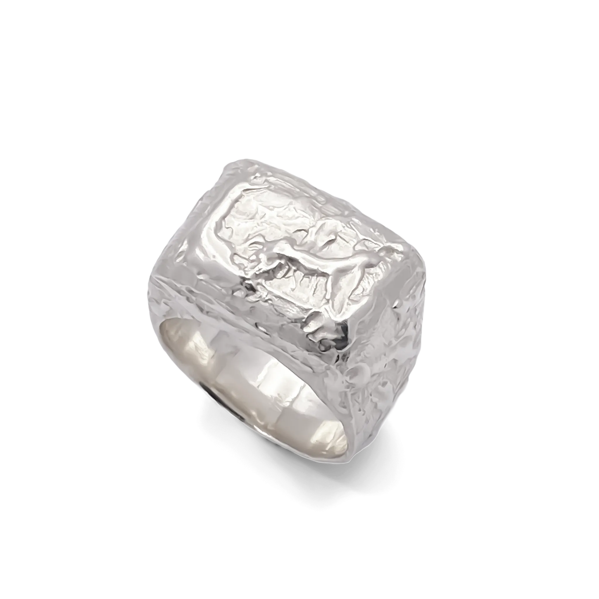 Angled side view of the Textured Signet Ring in sterling silver