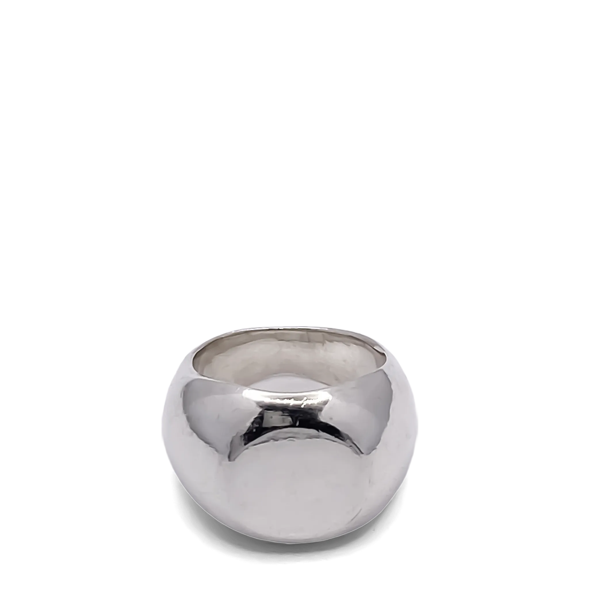 ront-facing silver signet ring with a smooth, domed face.